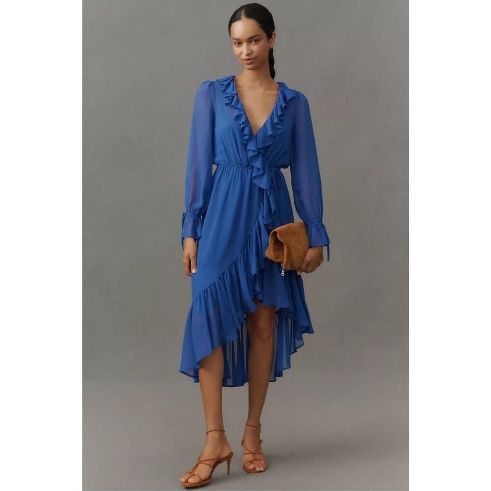 NWT Anthropologie Long-Sleeve Ruffled Asymmetric Blue Midi Dress Sz S